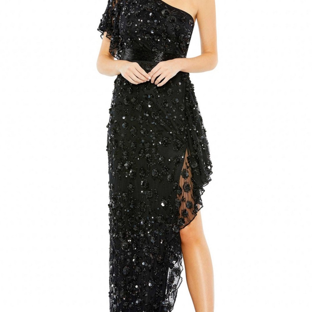 Mac Duggal Black Asymmetrical Sequin Gown 93687